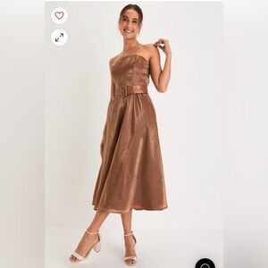 STUNNING NWT Lulus Shiny Brown Strapless Belted Midi Dress